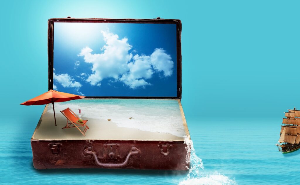 fantasy, to travel, travel, vacations, suitcase, sea, nature, beach, luggage, dreams, holiday plans, travel plans, surreal, imagination, image montage